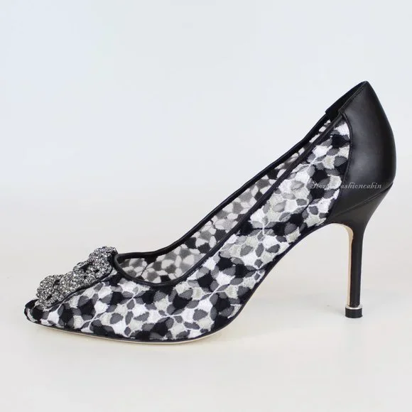 NEW MANOLO BLAHNIK Hangisi Mid-Heel Satin & Lace Pumps - Picture 5 of 13